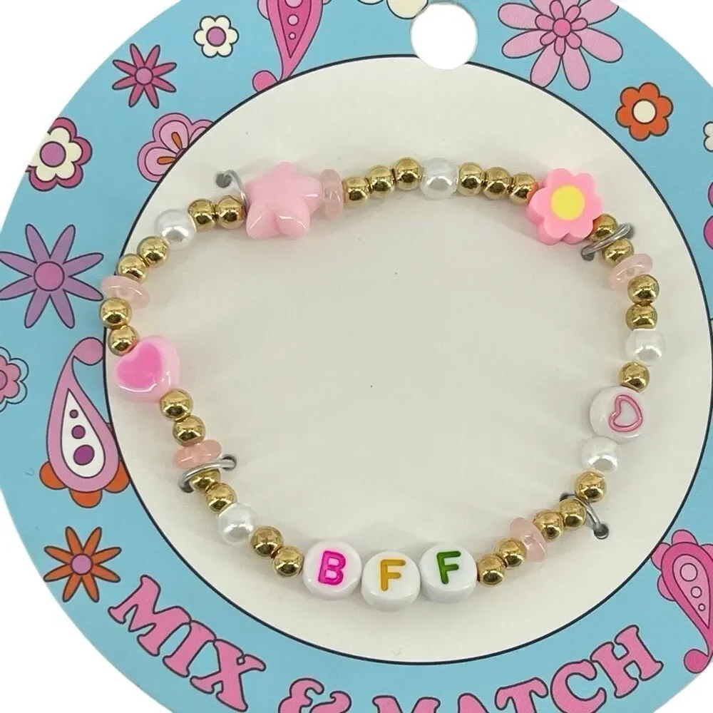 BFF Beaded Friendship Bracelet Gold Tone Pink Heart Flower Girls Women Gift